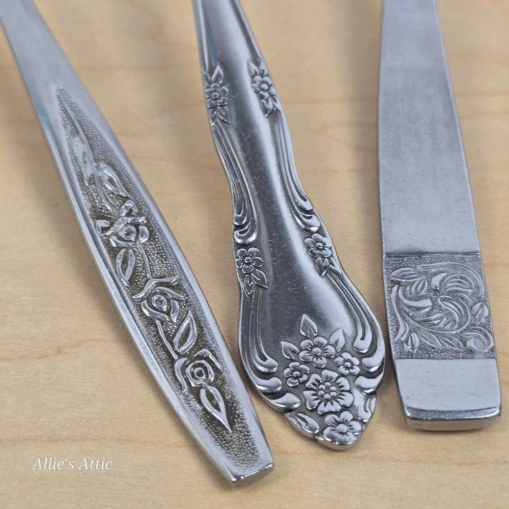 Vintage Table Spoons Flatware Mixed Stainless Oneida Floral Japan Korea Lot Of 6